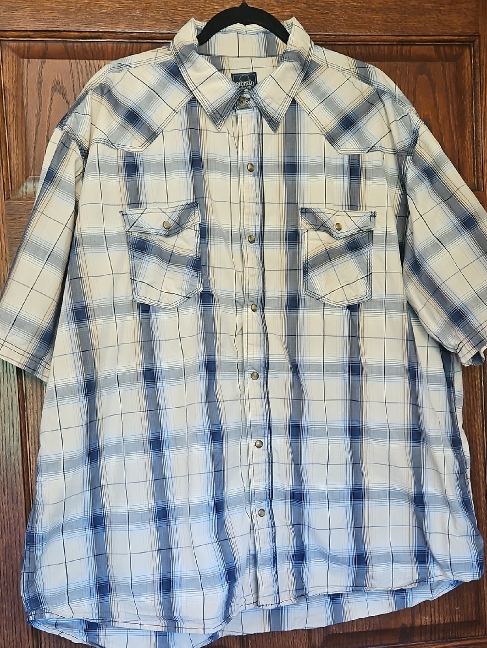 RedHead White and Blue Plaid Short-Sleeve Button-Down Shirt